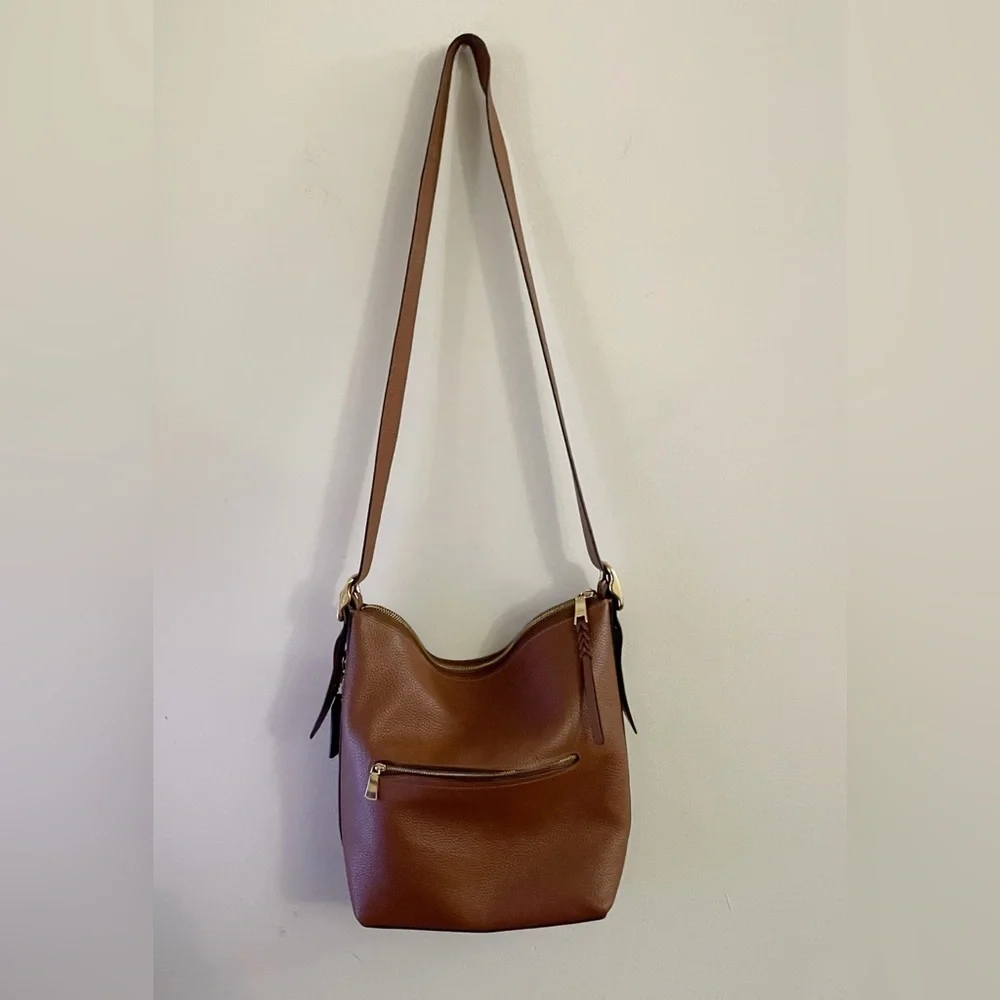 Coach Pebbled Leather Tan Cognac Brown Shoulder Bag Crossbody Chic Minimalist